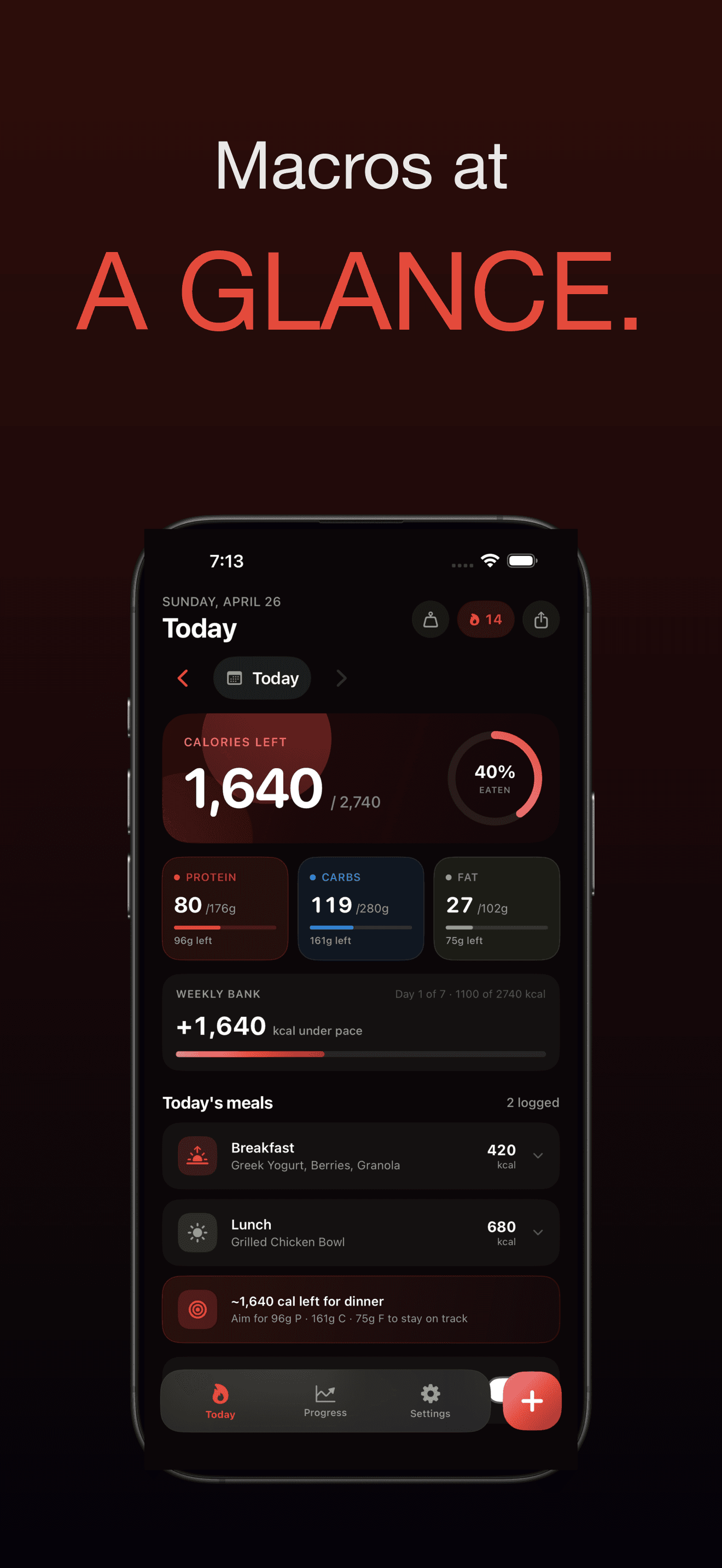 Compound Fuel Today tab — kcal hero card and macro rings