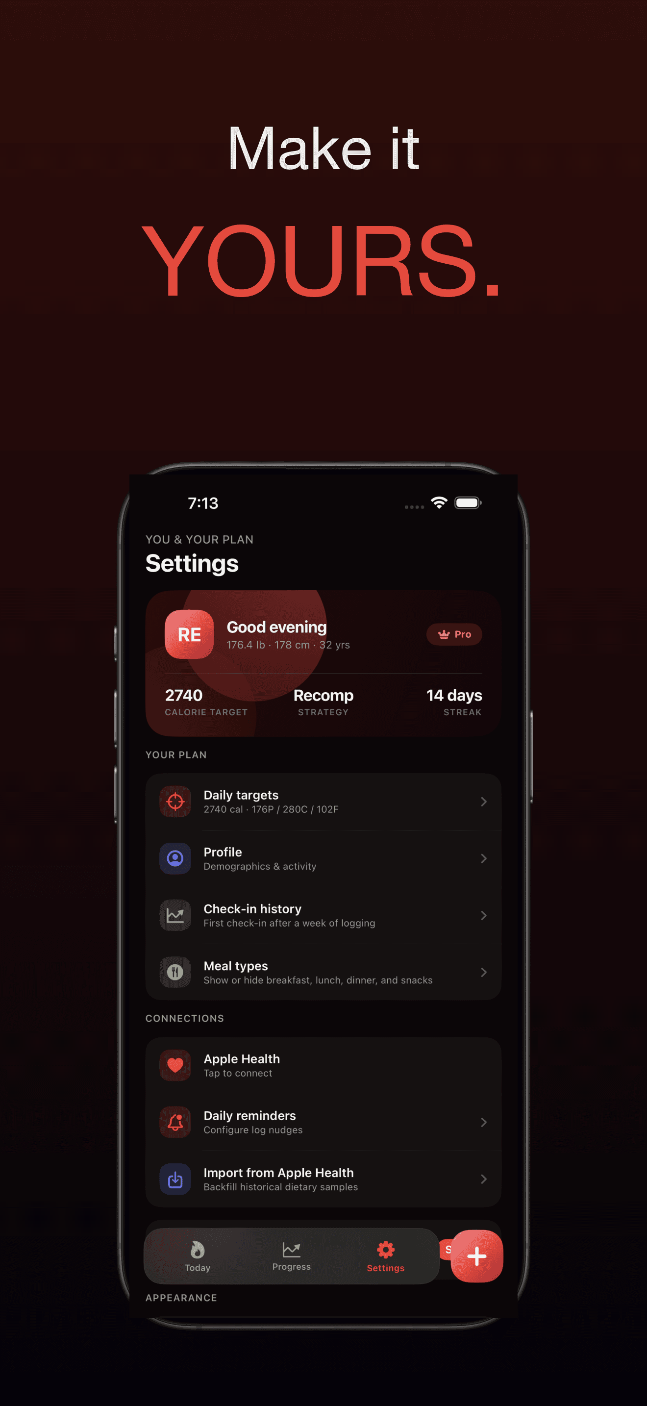 Compound Fuel Settings tab — Apple Health integration toggle, theme picker, and check-in history